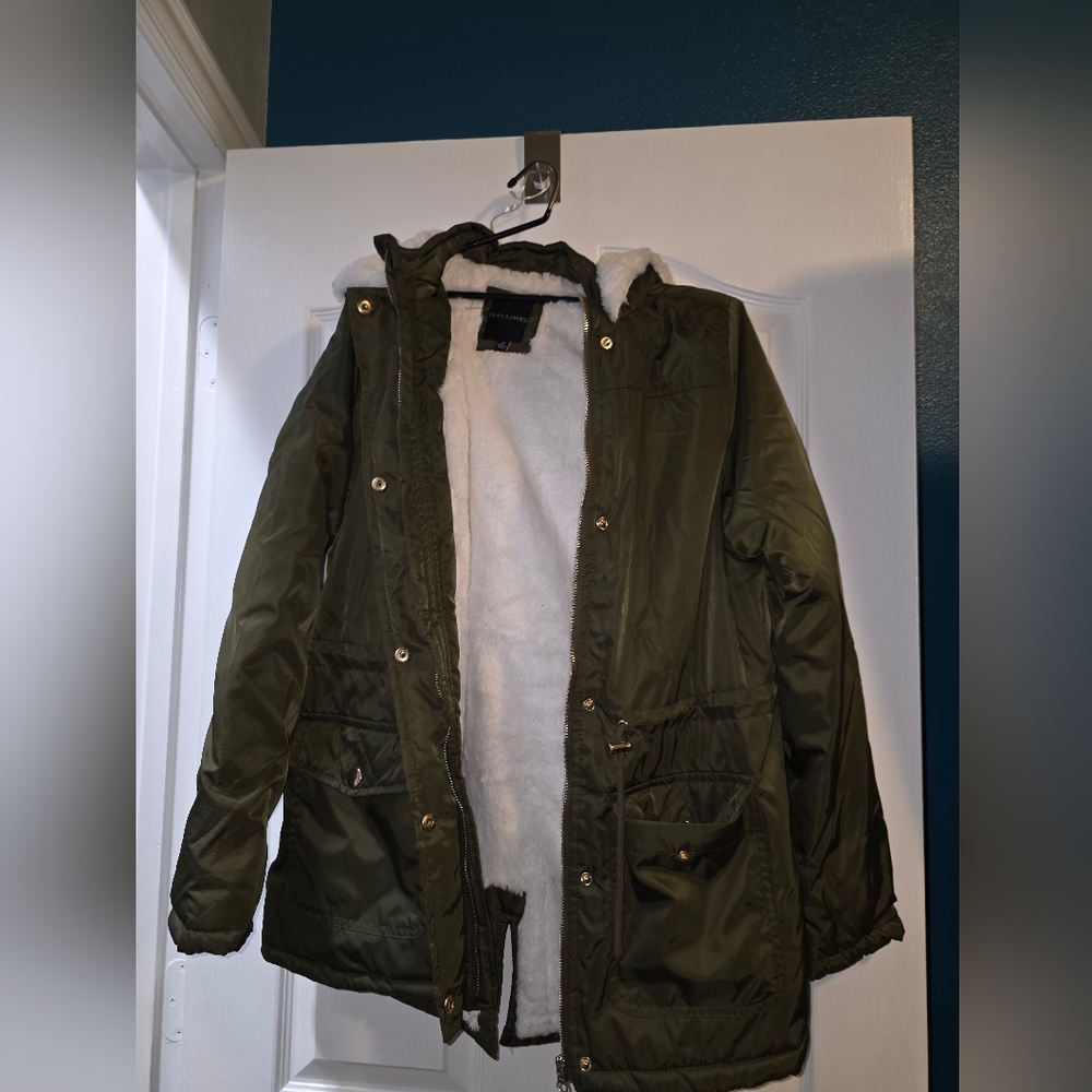 Olive Green Hooded Jacket with Faux Fur Lining